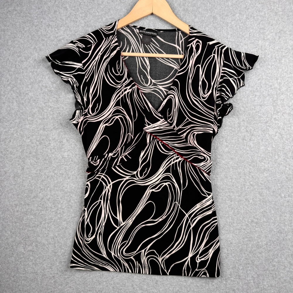 Vintage Y2K Top Womens Large Black Red Swirl Flutter Tie Petite Sophisticate